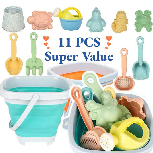 11 Piece Silicone Beach Bucket Play Set Kids Toy with Shovel Sand Moulds - LittleOzKid