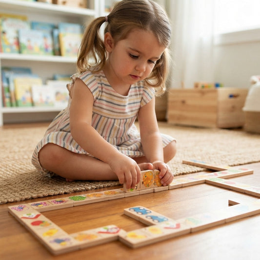 Wooden Animal & Fruit Domino Puzzle – Montessori Educational Stacking & Cognitive Learning Toy for Kids