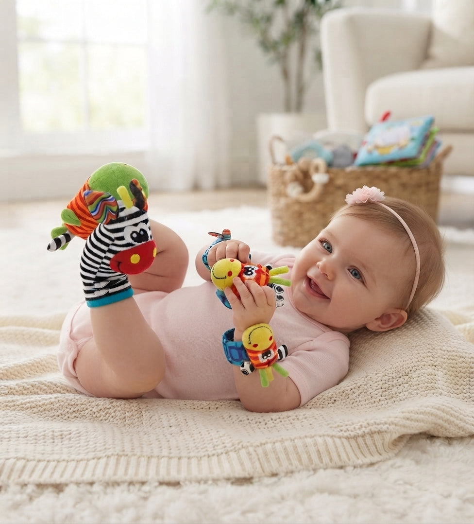 0-12 Months Baby Wrist Rattles and Foot Finder Socks Set