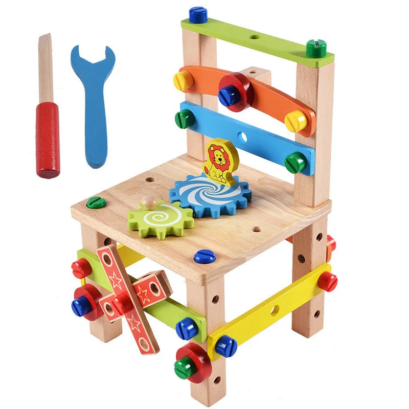 DYI Wooden Montessori Assembling Chair Educational Toy, DIY Nut Screws Tools