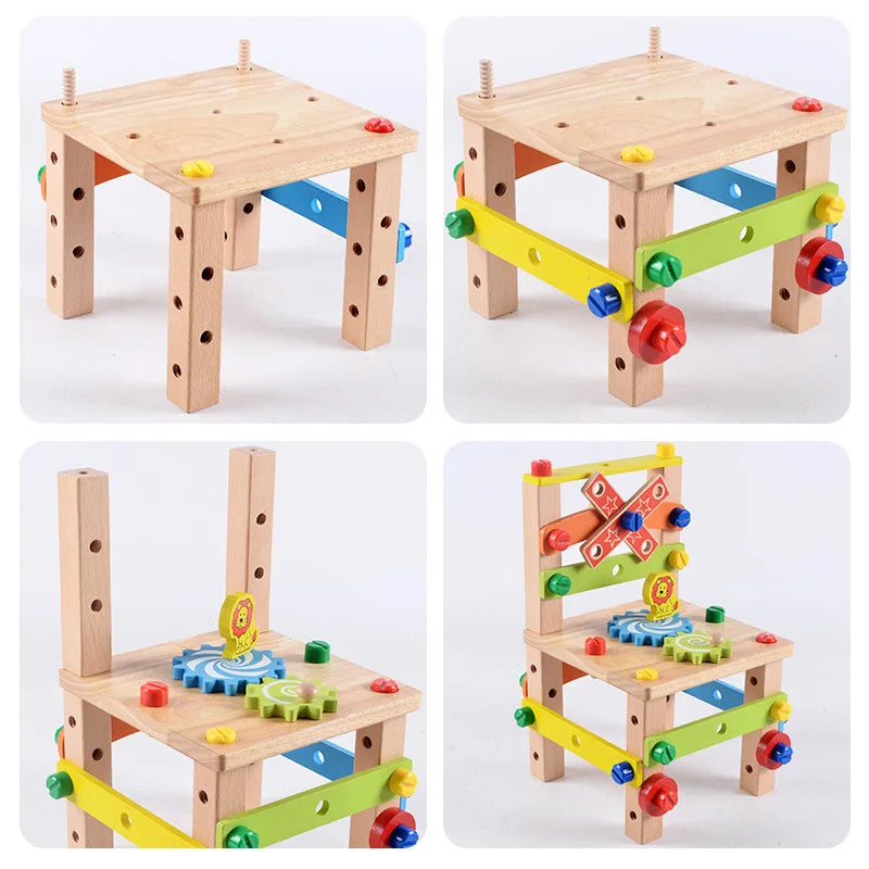DYI Wooden Montessori Assembling Chair Educational Toy, DIY Nut Screws Tools