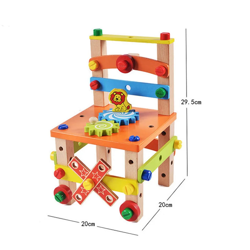 DYI Wooden Montessori Assembling Chair Educational Toy, DIY Nut Screws Tools