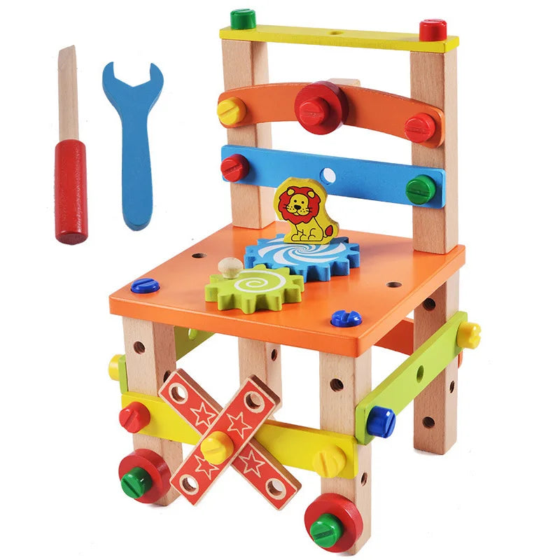 DYI Wooden Montessori Assembling Chair Educational Toy, DIY Nut Screws Tools