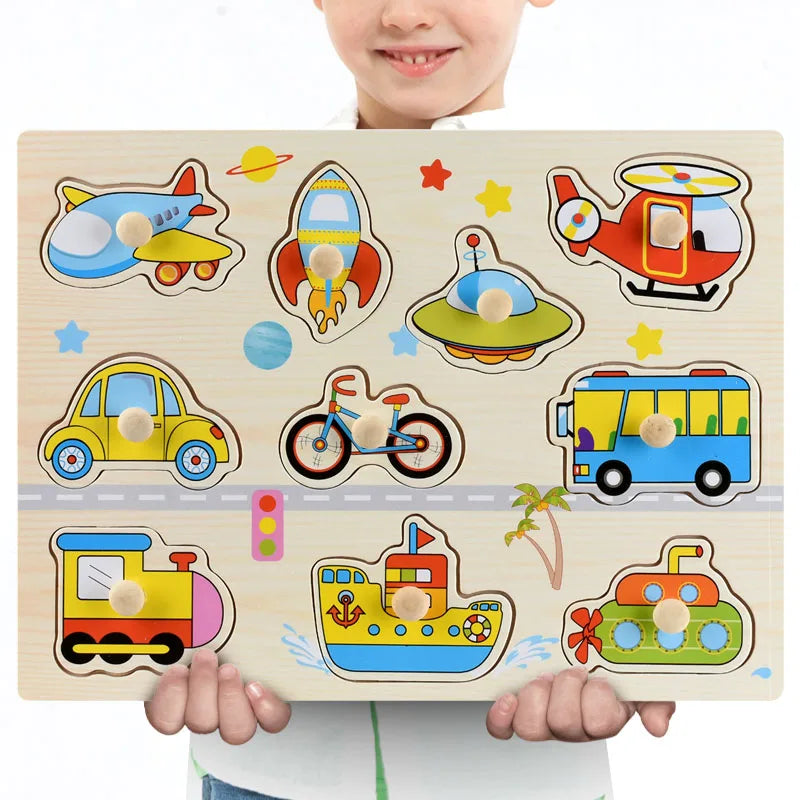 Wooden Animals & Vehicles Jigsaw Puzzles Hand Grab Learning Boards Toy