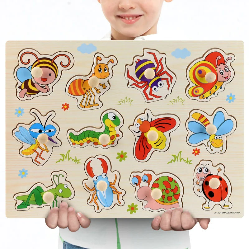 Wooden Animals & Vehicles Jigsaw Puzzles Hand Grab Learning Boards Toy
