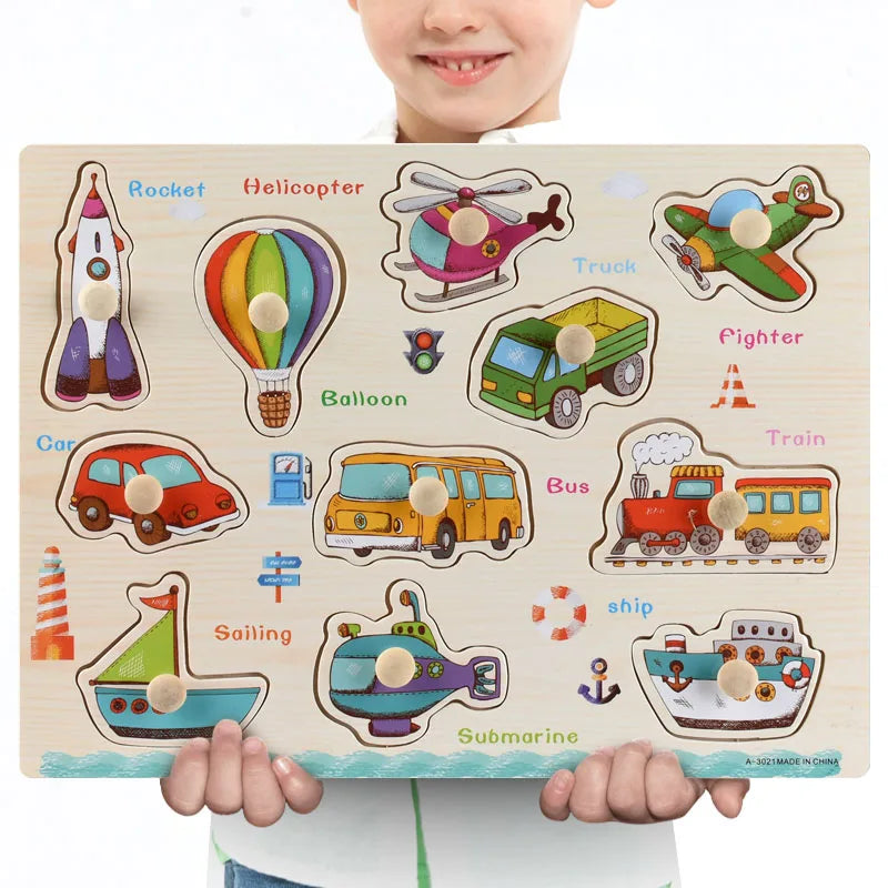Wooden Animals & Vehicles Jigsaw Puzzles Hand Grab Learning Boards Toy