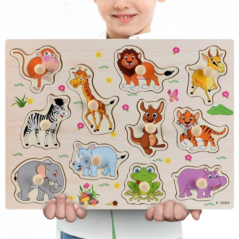 Wooden Animals & Vehicles Jigsaw Puzzles Hand Grab Learning Boards Toy