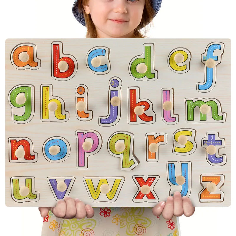 Wooden Alphabets, Numbers & Shapes Jigsaw Puzzle, Hand Grab Boards Toys