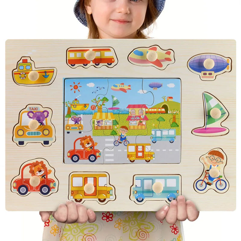 Wooden Animals & Vehicles Jigsaw Puzzles Hand Grab Learning Boards Toy