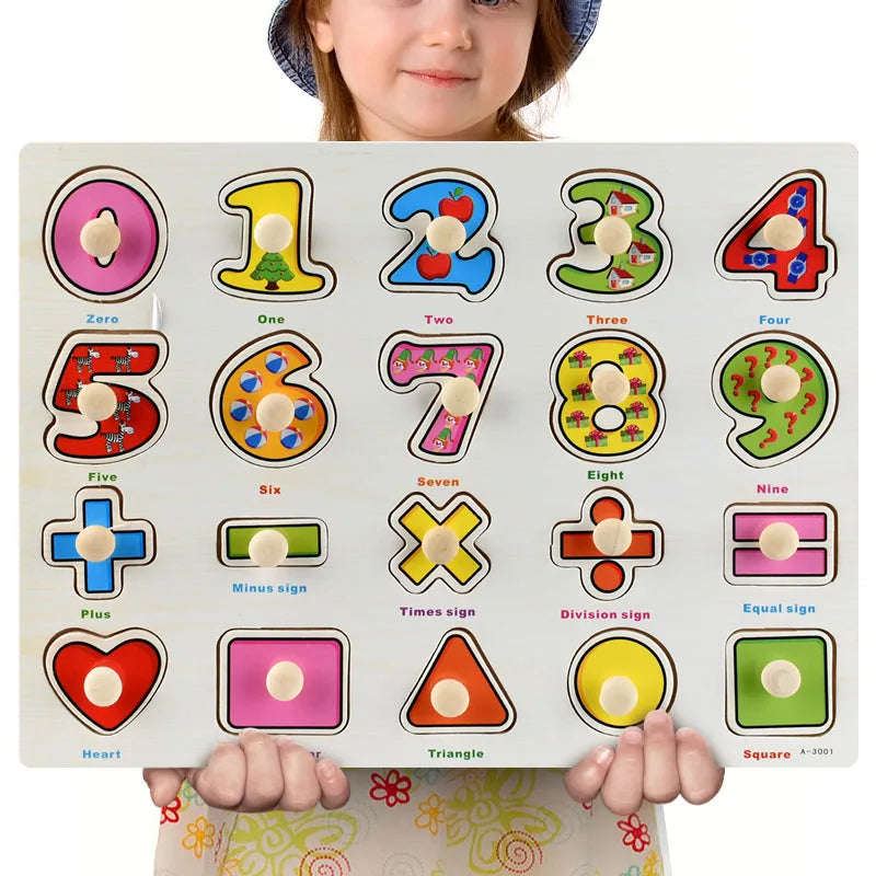 Wooden Alphabets, Numbers & Shapes Jigsaw Puzzle, Hand Grab Boards Toys