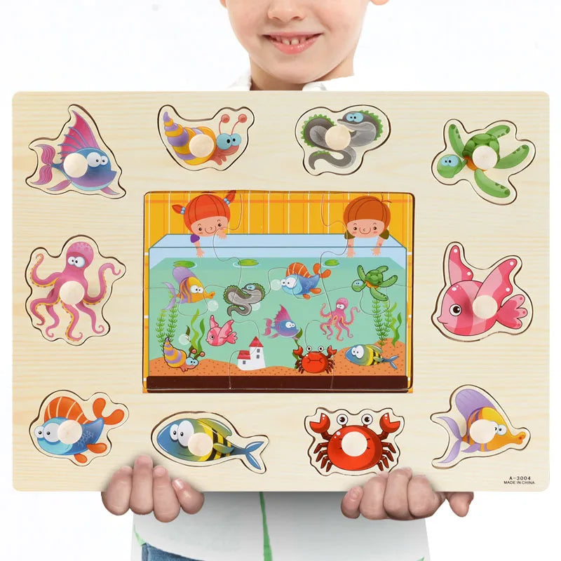 Wooden Animals & Vehicles Jigsaw Puzzles Hand Grab Learning Boards Toy