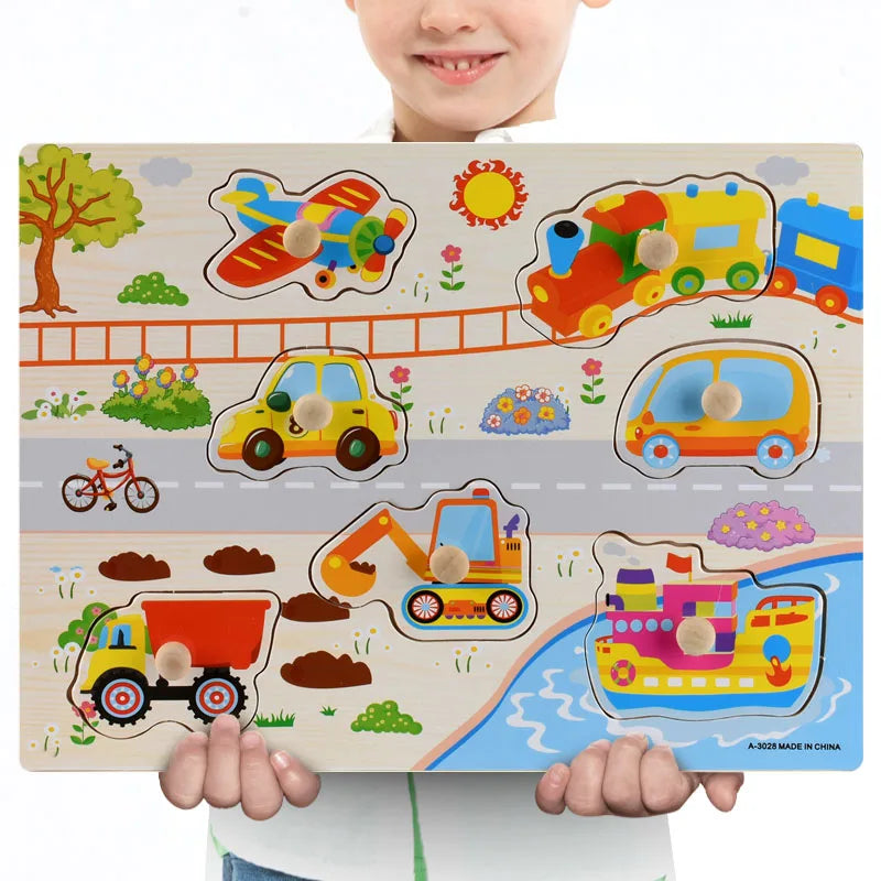 Wooden Animals & Vehicles Jigsaw Puzzles Hand Grab Learning Boards Toy