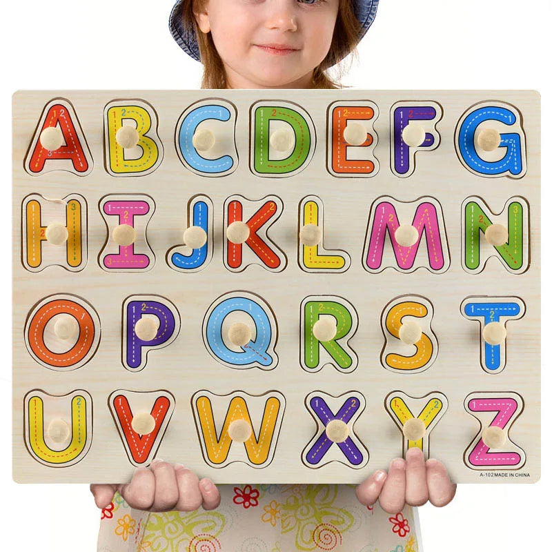 Wooden Alphabets, Numbers & Shapes Jigsaw Puzzle, Hand Grab Boards Toys