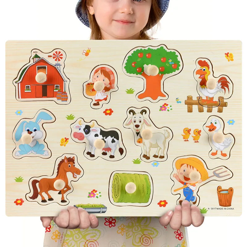 Wooden Animals & Vehicles Jigsaw Puzzles Hand Grab Learning Boards Toy