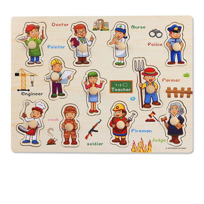 Wooden Animals & Vehicles Jigsaw Puzzles Hand Grab Learning Boards Toy