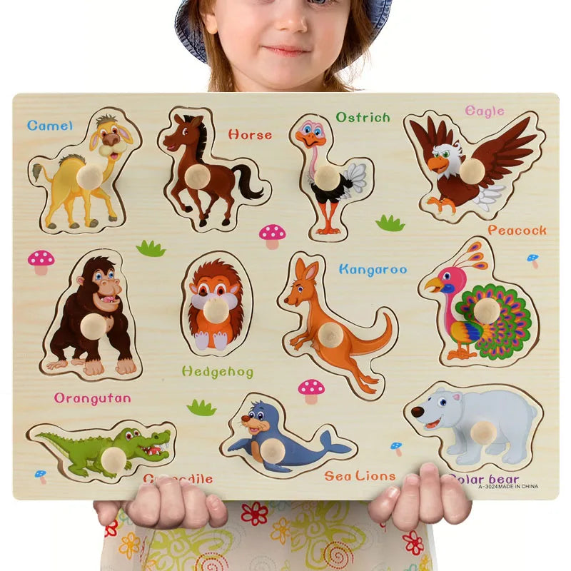 Wooden Animals & Vehicles Jigsaw Puzzles Hand Grab Learning Boards Toy