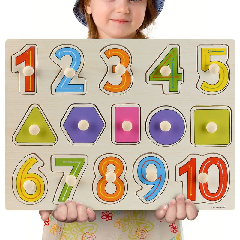 Wooden Alphabets, Numbers & Shapes Jigsaw Puzzle, Hand Grab Boards Toys