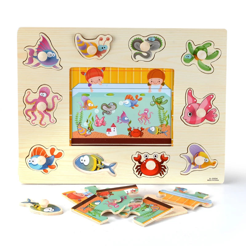 Wooden Animals & Vehicles Jigsaw Puzzles Hand Grab Learning Boards Toy