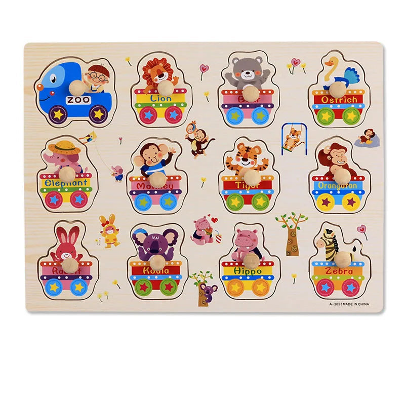 Wooden Animals & Vehicles Jigsaw Puzzles Hand Grab Learning Boards Toy