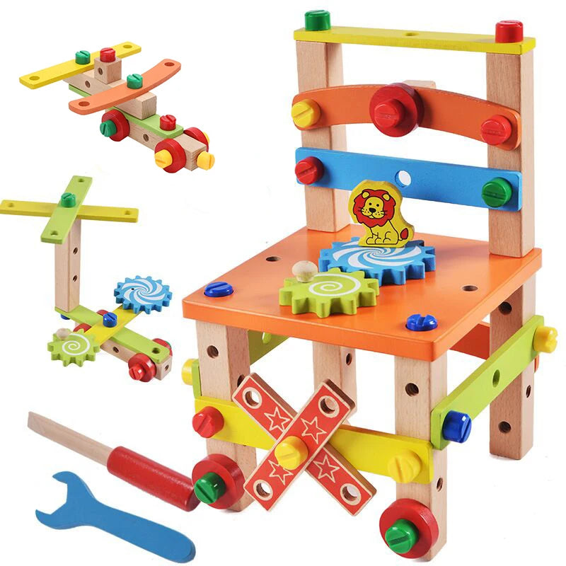 DYI Wooden Montessori Assembling Chair Educational Toy, DIY Nut Screws Tools