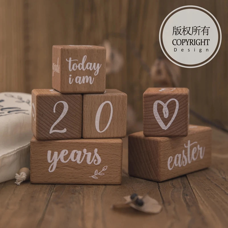 Set of Baby Month Milestone Card Beech Block ,Newborn Birthday Month Milestones Block