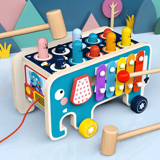 Wooden Elephant Whack-A-Mole Hammer Pounding Toy,Montessori Activity Game