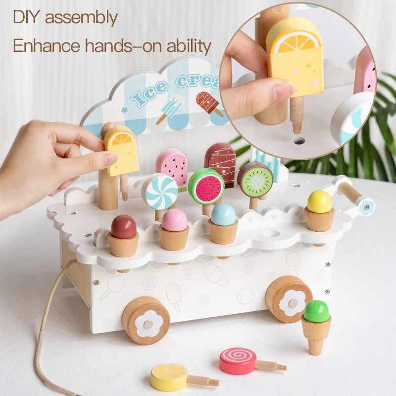 Montessori Wooden Ice Cream Pretend Play Set, Kitchen Play Accessories for Kids