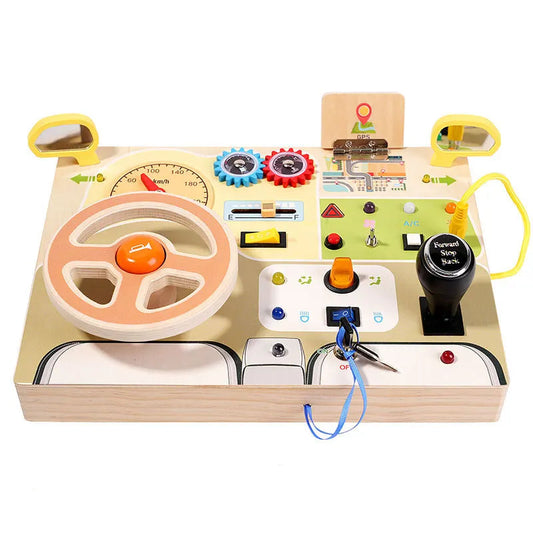 2 in 1 Montessori Sensory Busy Wheels Board, Light Switch Games (Simulate Car Steering Wheel)