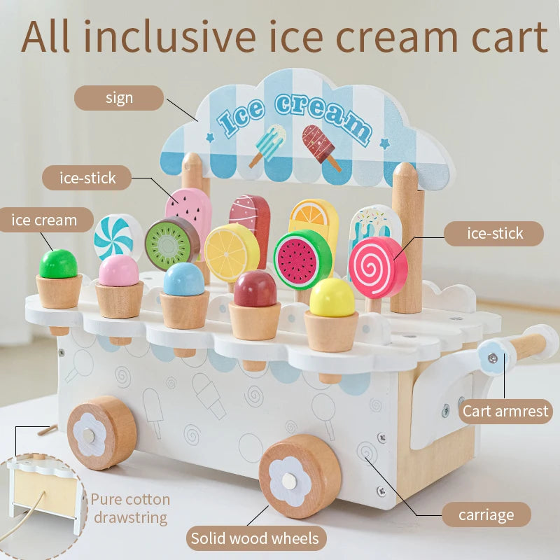 Montessori Wooden Ice Cream Pretend Play Set, Kitchen Play Accessories for Kids