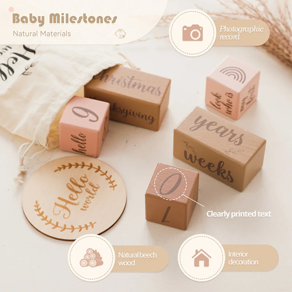 7Pcs Newborn Wooden Milestone Blocks, Birthing Monthly Milestones Blocks For Newborn