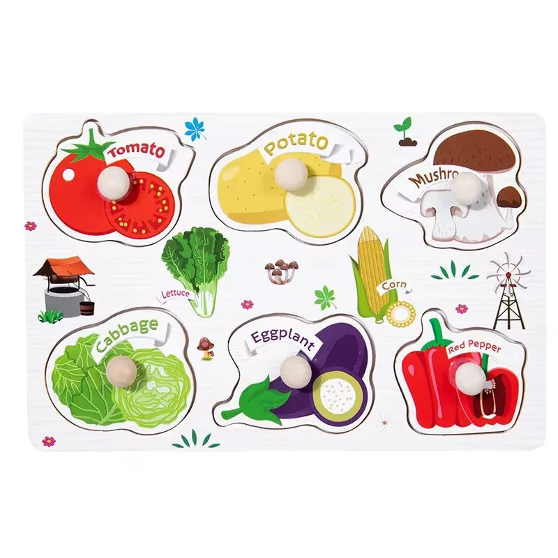 Wooden Fruits & Vegetables Jigsaw Puzzle, Montessori Toys, Hand Grab and Educational Learning Toy for Kids