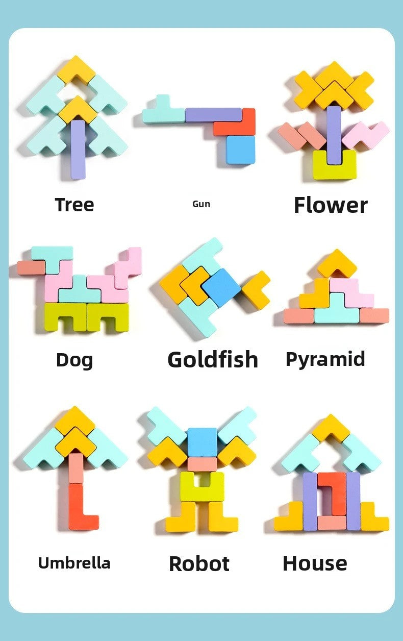 Montessori Wooden Tetris,3D Russian Budling Blocks, Jıgsaw Tangram Colorful Puzzle