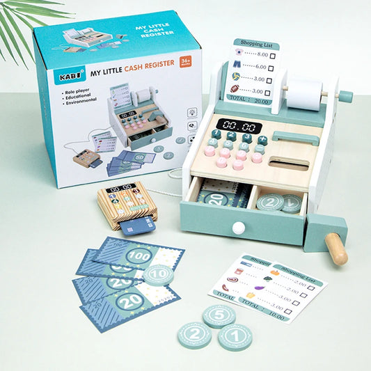 Wooden Supermarket Checkout Counter & Cash Register Toy, Kids Pretend Play Set