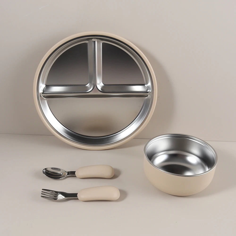 4PCS Stainless Steel Baby Feeding Set with Silicone Bowl