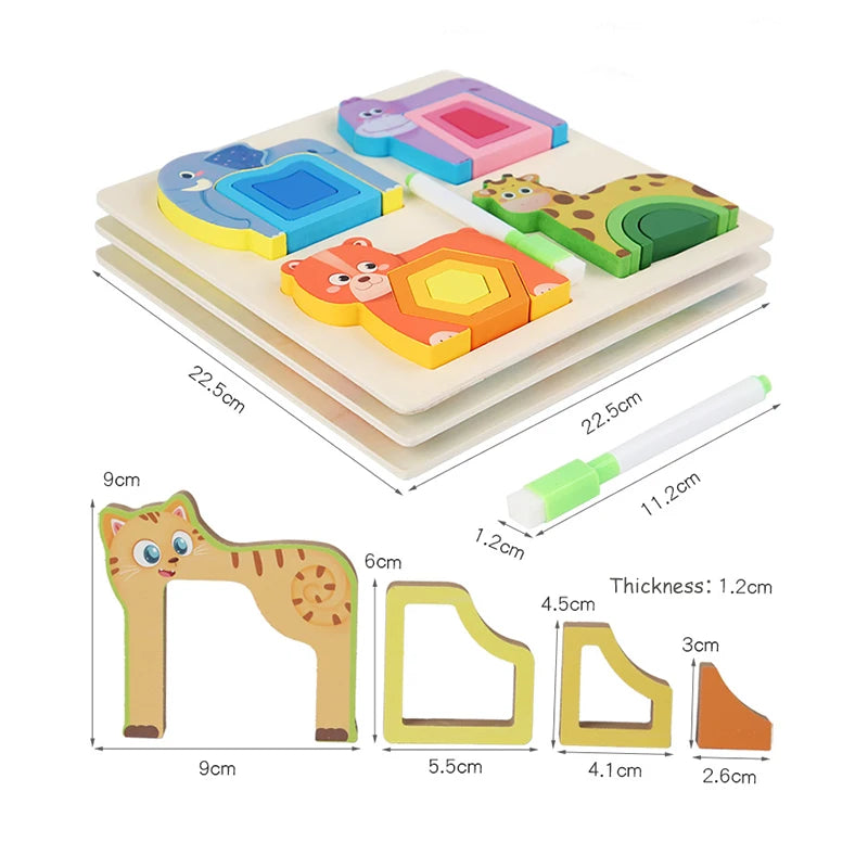 Montessori Wooden Animal Jigsaw Puzzle, Hand Grasping, Shape Sorting and Sensory Toy
