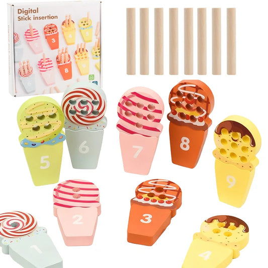 Montessori Ice Cream Math Counting Peg Board – Early Learning Number Matching Educational Toy