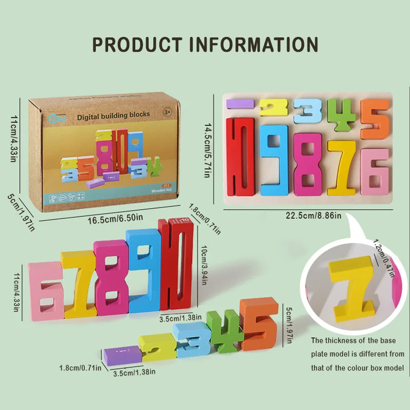 Wooden Montessori Digital Building Blocks, Stacking Puzzles for Kids