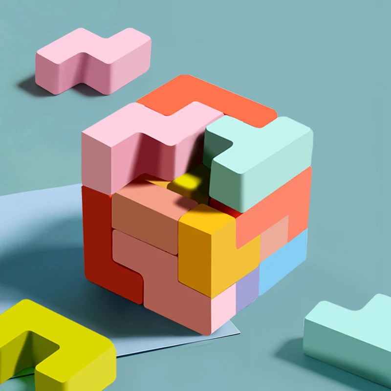 Montessori Wooden Tetris,3D Russian Budling Blocks, Jıgsaw Tangram Colorful Puzzle