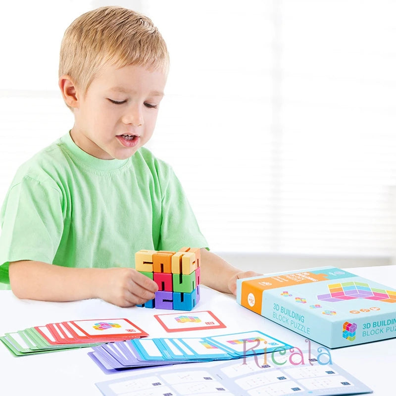 3D Montessori Wooden Building Blocks, Brain Development Puzzle Toy