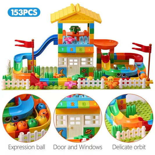 Montessori STEM Building Blocks – Large Particle Roof & Window House Set with Slide & Castle Bricks