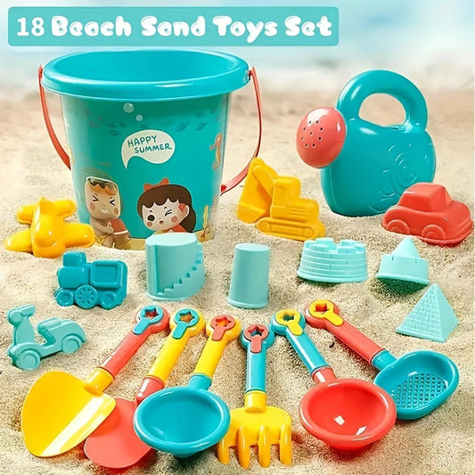 18PCS Beach Sand Toy Set, Beach Bucket Play Set Kids Toy with Shovel Sand Moulds