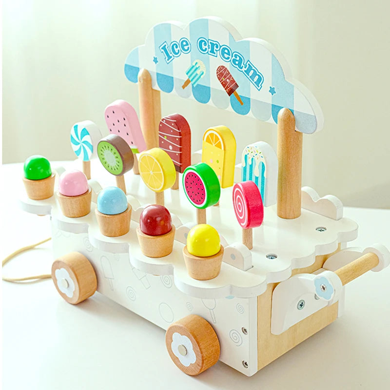 Montessori Wooden Ice Cream Pretend Play Set, Kitchen Play Accessories for Kids