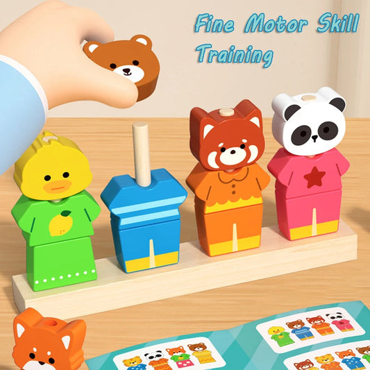 Montessori Wooden Animal Dressing Up Blocks Stacked Game, Shape Matching