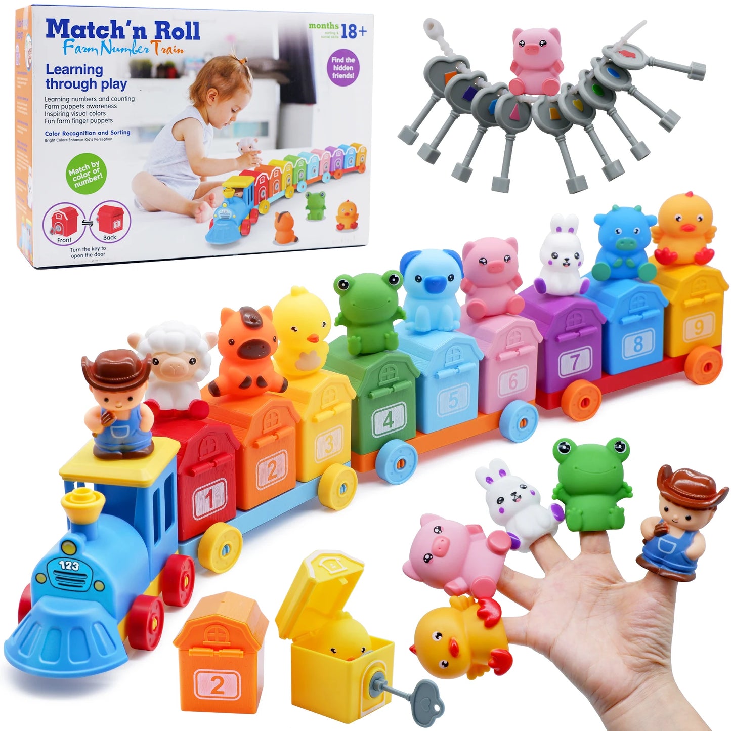 Montessori Farm Train Set for Toddlers, Educational Counting, Matching & Sorting Toy,Fine Motor Skills