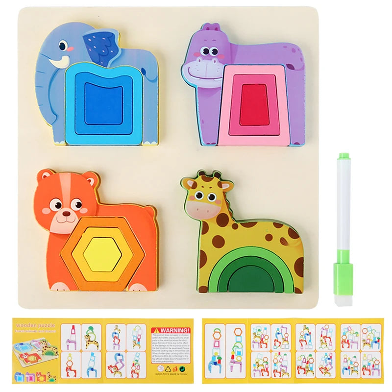 Montessori Wooden Animal Jigsaw Puzzle, Hand Grasping, Shape Sorting and Sensory Toy