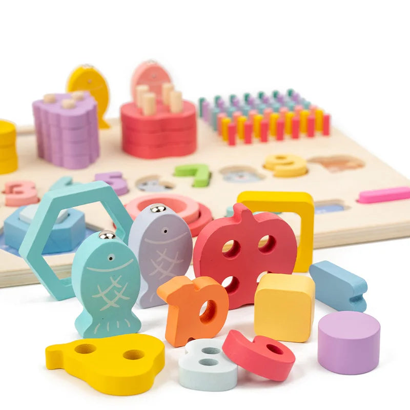 Montessori Kids’ Wooden Cognitive Play Board – Counting, Shapes, Colors & Fishing Game