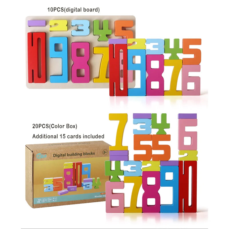 Wooden Montessori Digital Building Blocks, Stacking Puzzles for Kids