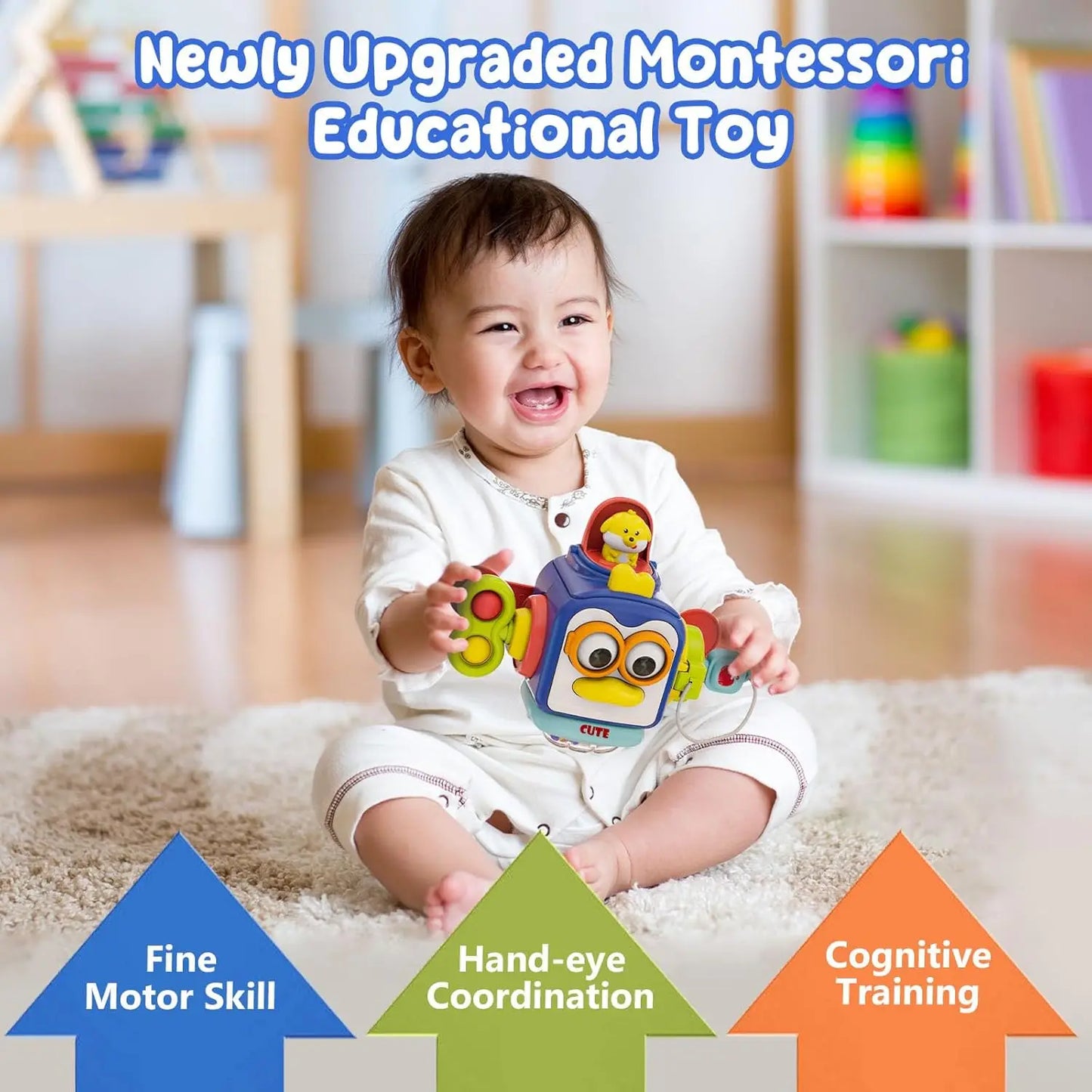 6 in 1 Montessori Toddlers Activity Cube, Busy Hand Grasping Sensory Toy