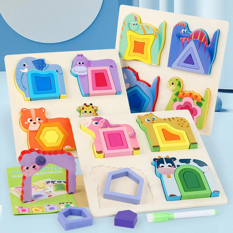 Montessori Wooden Animal Jigsaw Puzzle, Hand Grasping, Shape Sorting and Sensory Toy