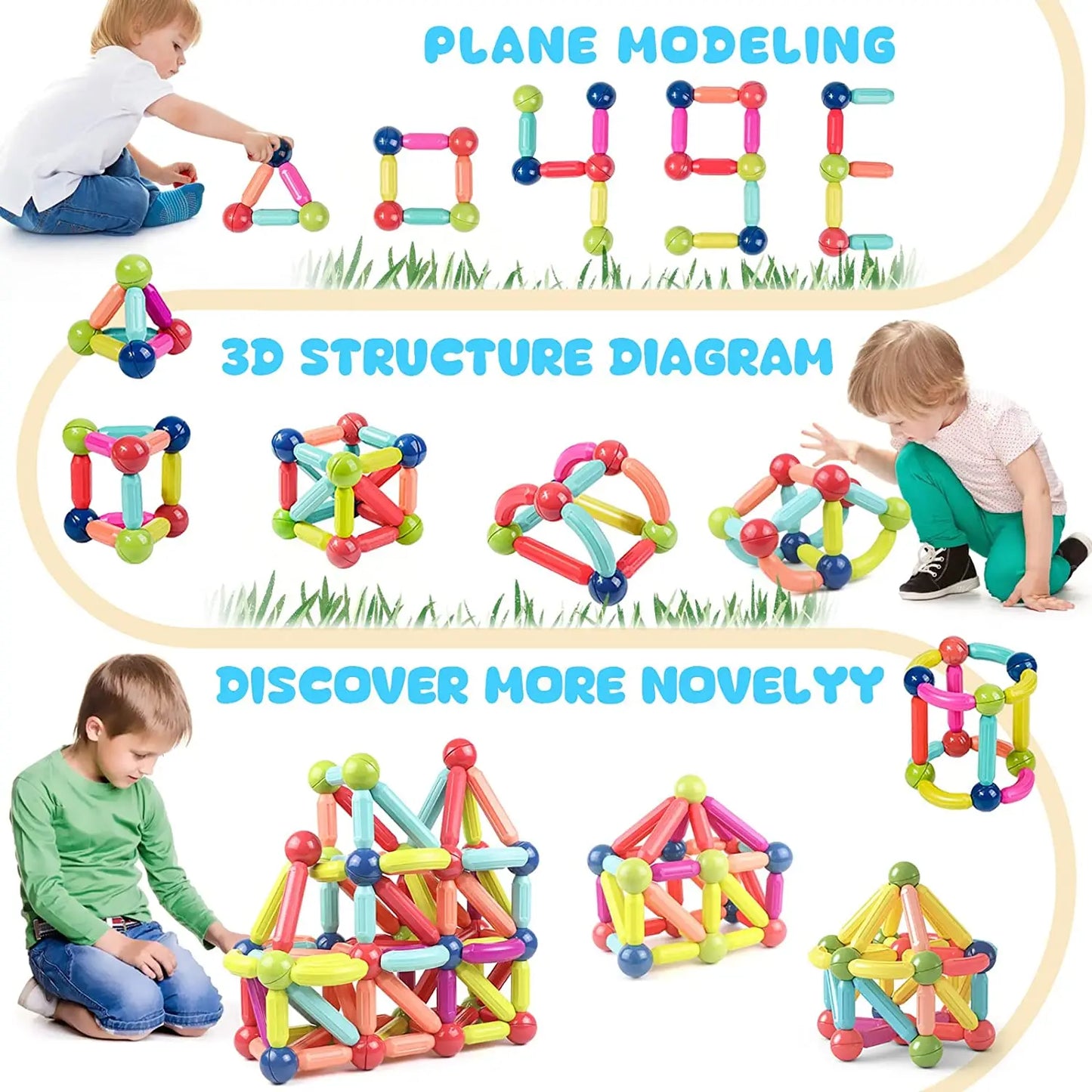 Montessori Magnetic Building Blocks, Magnetic Tiles Stacking Build Set for Kids